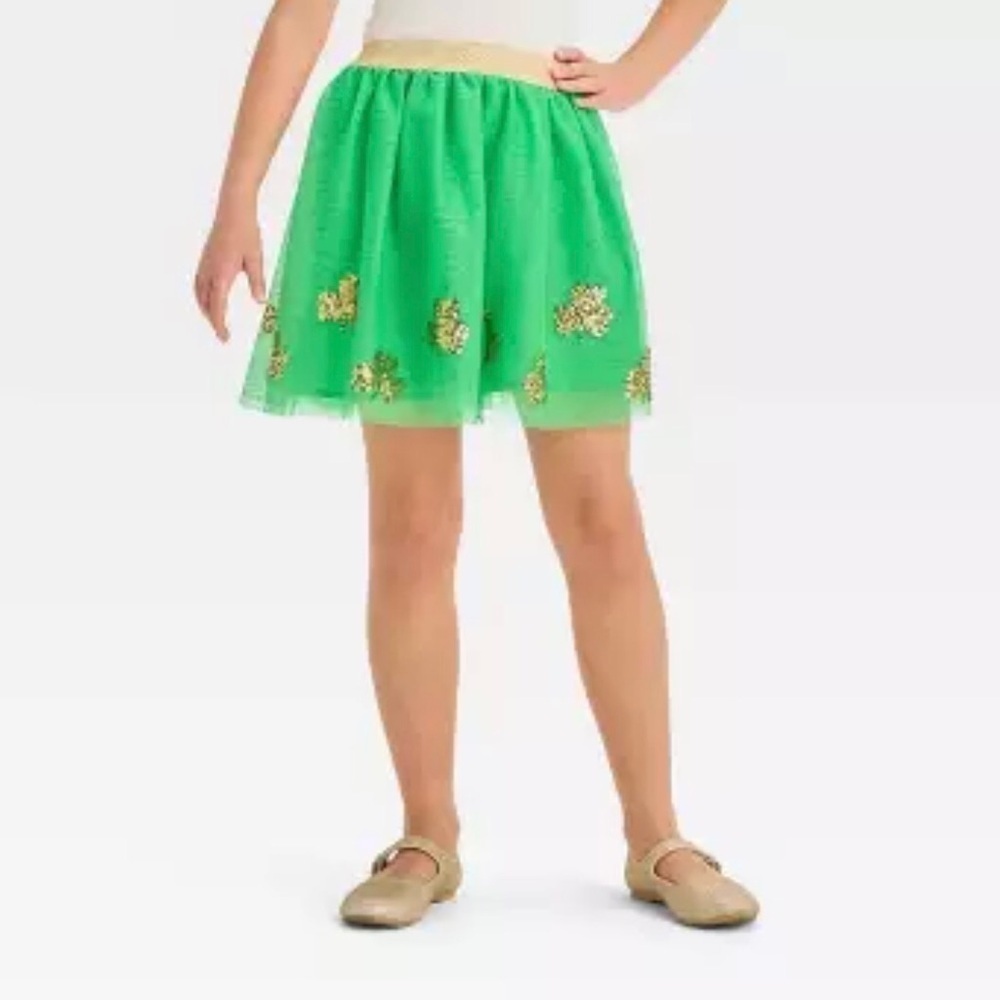 Cat & Jack Girls St. Patrick’s Gold Sequins Shamrocks Tutu Skirt Size XL-14
